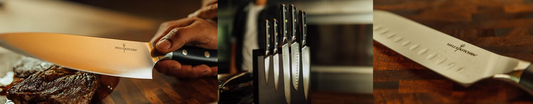 Collage of images: closeup of blade and set of HK Damascus Steel Knives