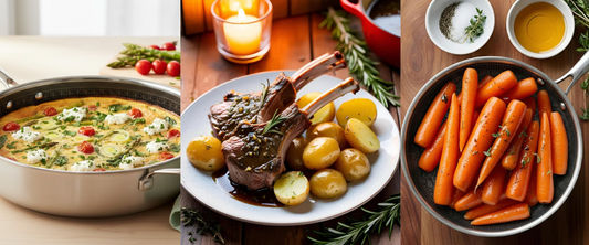 Left to right: Egg frittata in a saute pan, Lamb chops and potatoes on a plate, and glazed carrots in a frying pan