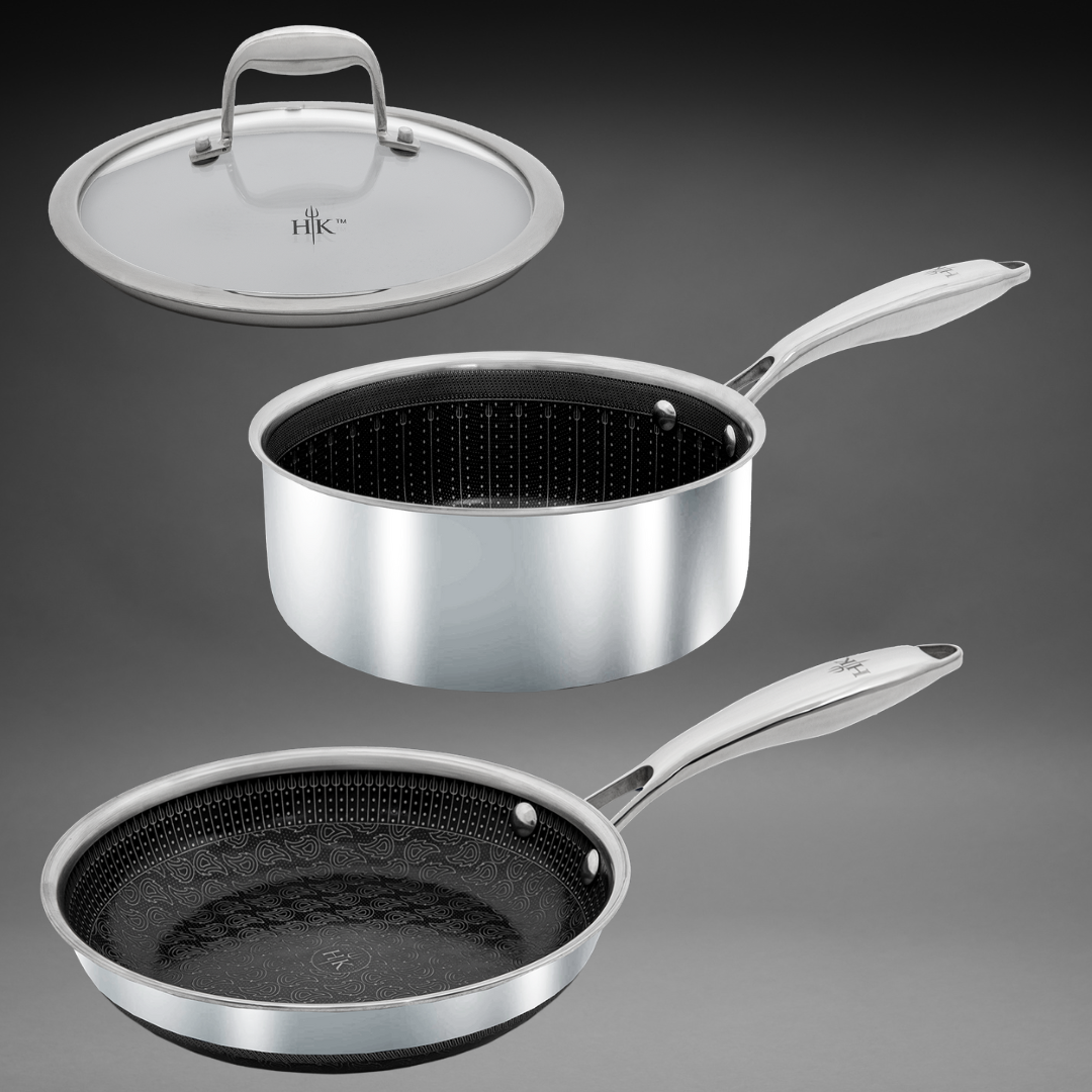Image of a stainless steel fry pan, saucepan, and lid, with Hell's Kitchen flame pattern and pitchforks inside the pans