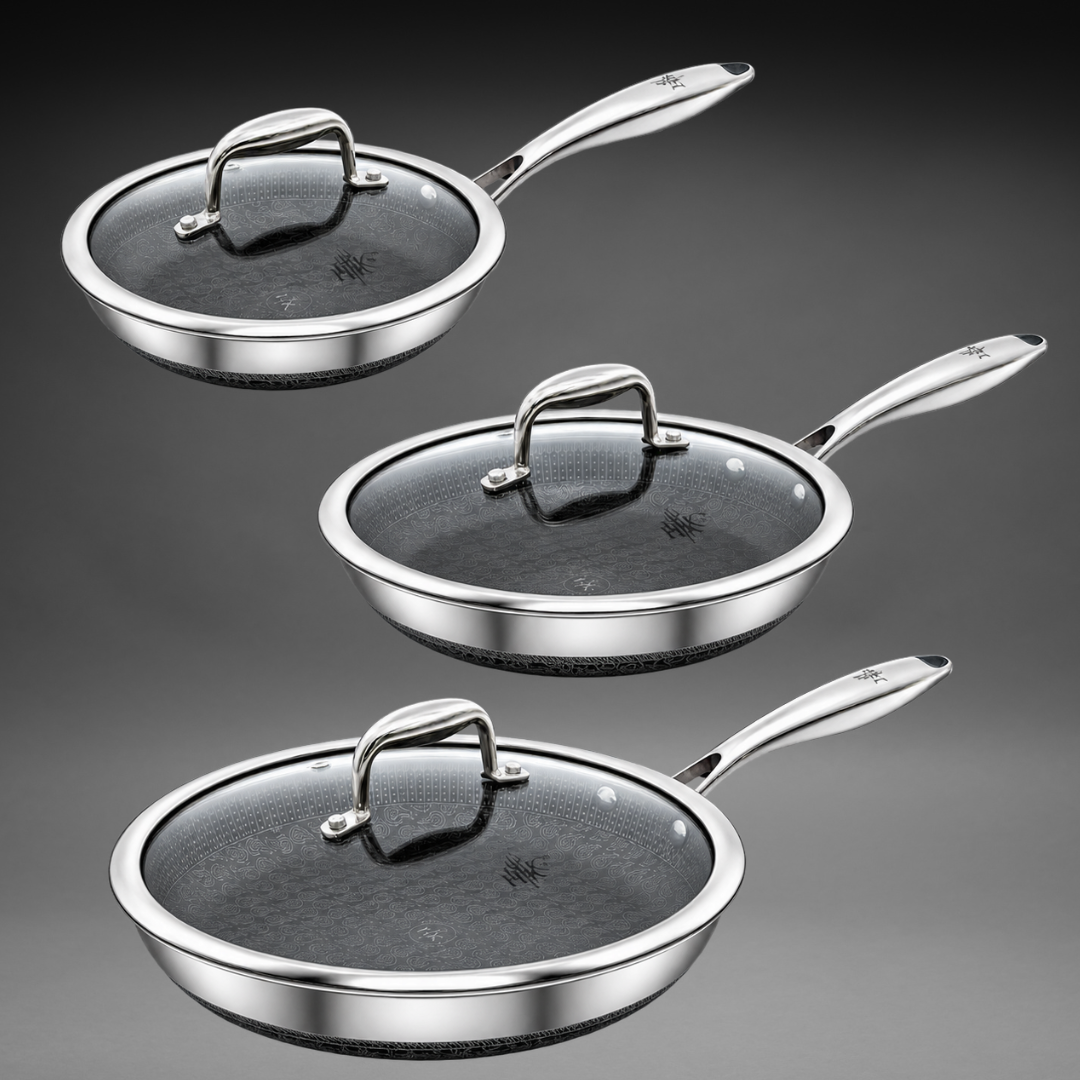 The Sizzle Set: 6 Piece Frying Pans + Lids